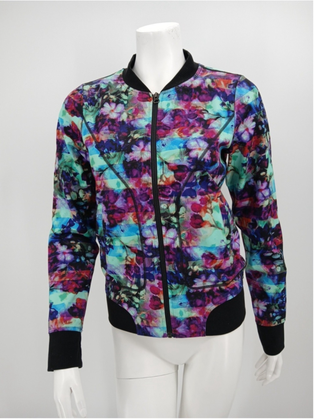 ATHLETA Women's XS Floral Bombtastic Bomber Jacket Black Purple Aqua Floral